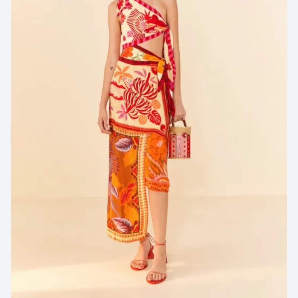 FARM Rio Red and Orange Floral Mixed Scarves Midi Dress